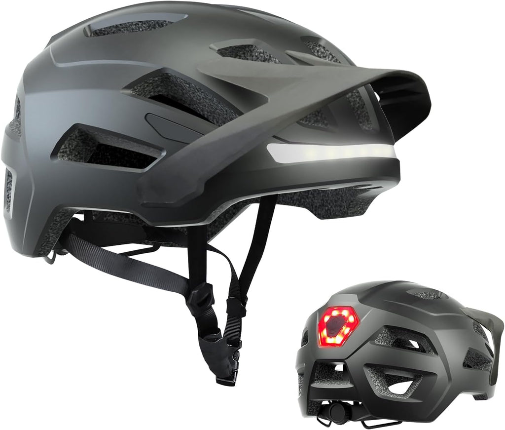 Bike Helmet, Mountain Bike Helmets for Men and Women, Front and Back LED Lights Safe Certified  Road Bicycle Helmet with Adjustable Brim